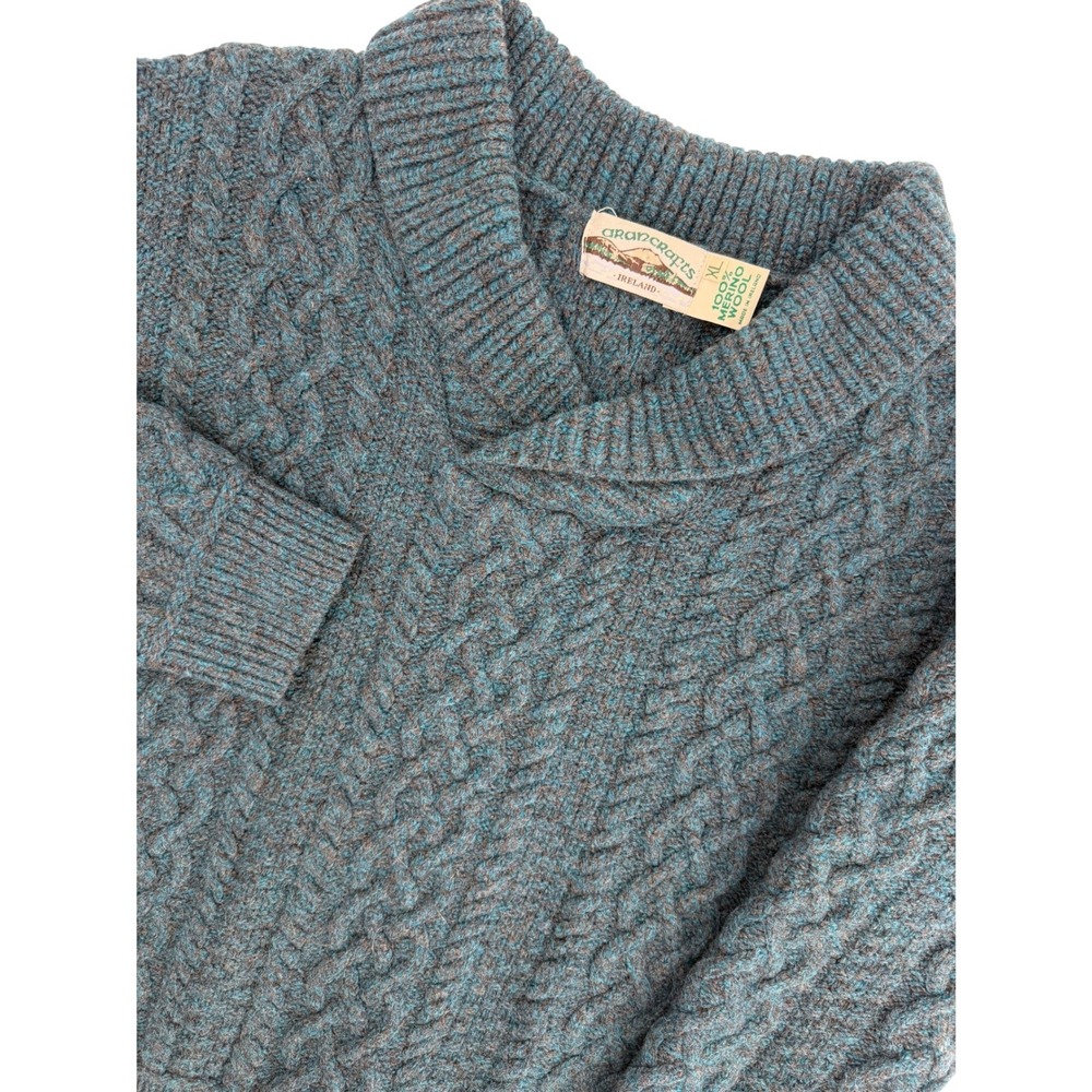 Aran Crafts 100% Merino Wool Cable Knit Shawl Collar Sweater Blue XL Ireland